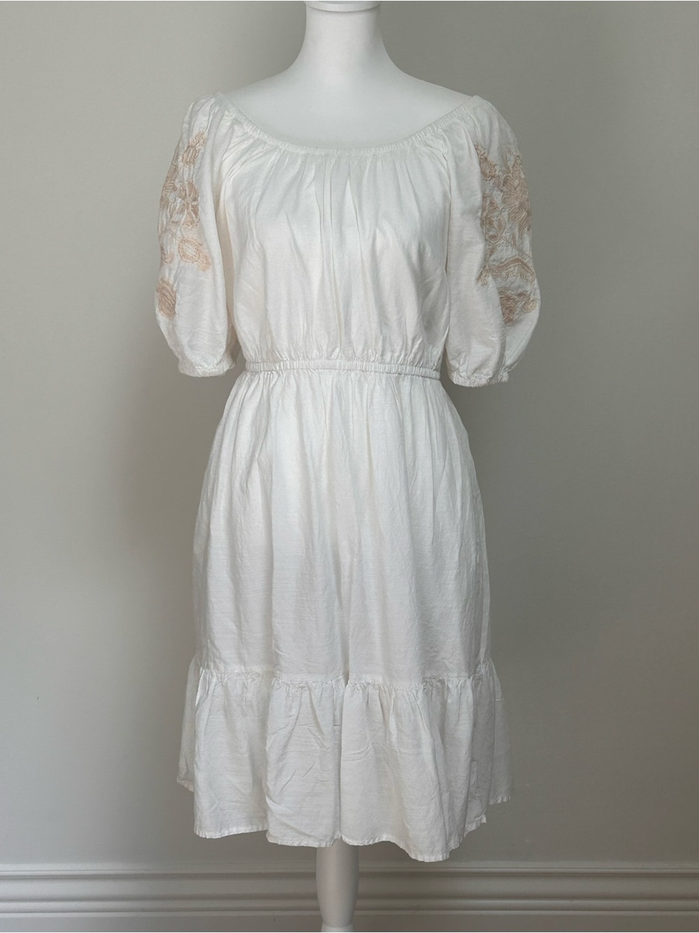 COTTON White Embroidered Puff Sleeve Off-Shoulder Midi Peasant Dress S